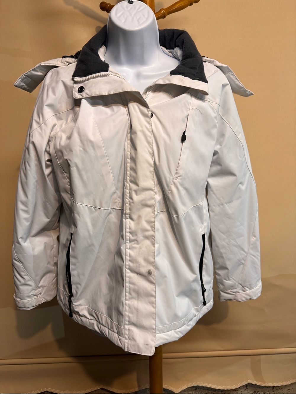 St. John's Bay White Hooded Ski Jacket with Black Trim